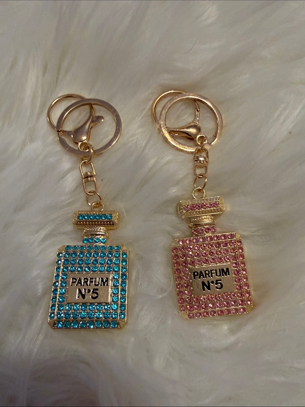 2 New Rhinestone Perfume Bottle Keychains Purse Charms Pink and Blue
